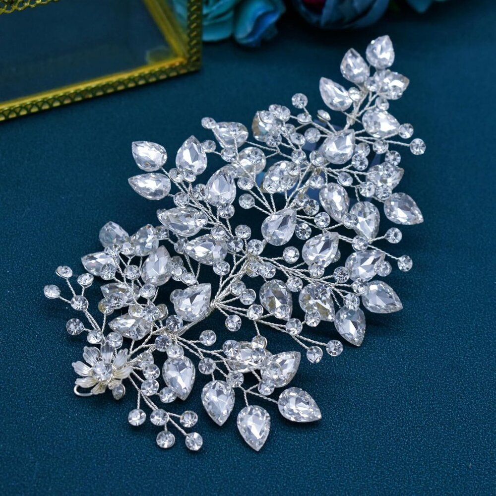 Wedding Hair Pieces Rhinestone Bridal Headband Handmade Silver for Brides - Picture 3 of 6